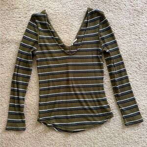 Free People Striped V-Neck Long Sleeve Top